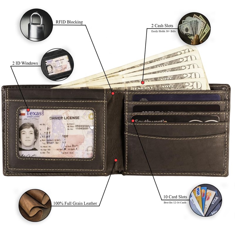 UC Leather Company Wallet for Men-Genuine Leather RFID Blocking Bifold