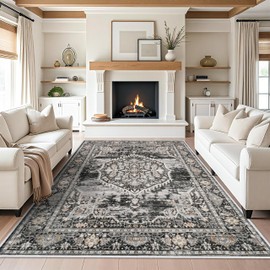 Washable Rugs 7x9 Area Rug：Large Rugs for Living Room - Oriential Distressed Printed Floral Carpet - Non Slip with Rubber Backing Area Rug 7'x9' Black