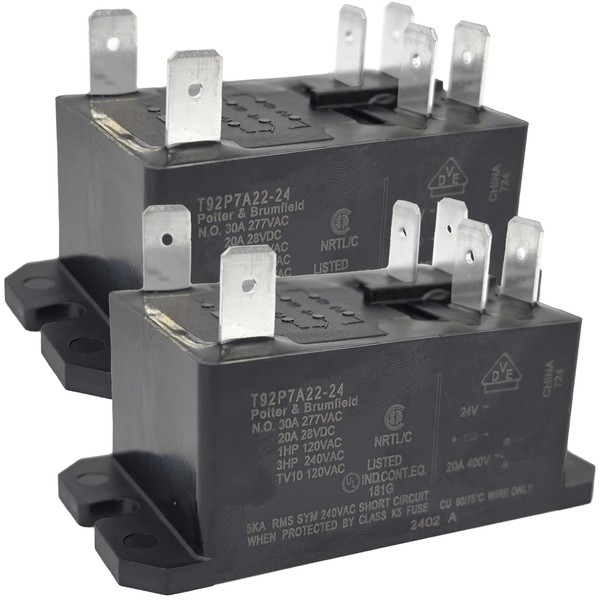 2-Pack T92P7A22-24 Power Relay - 30A 24VAC 6-Pin DPST-NO (2