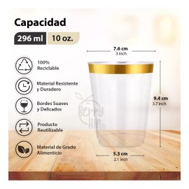 Berry Hip 100 Vasos Desechables Elegantes Plástico 10 Oz Para Fiesta, Bodas, Postre, Cócteles, Vino, Color Dorado