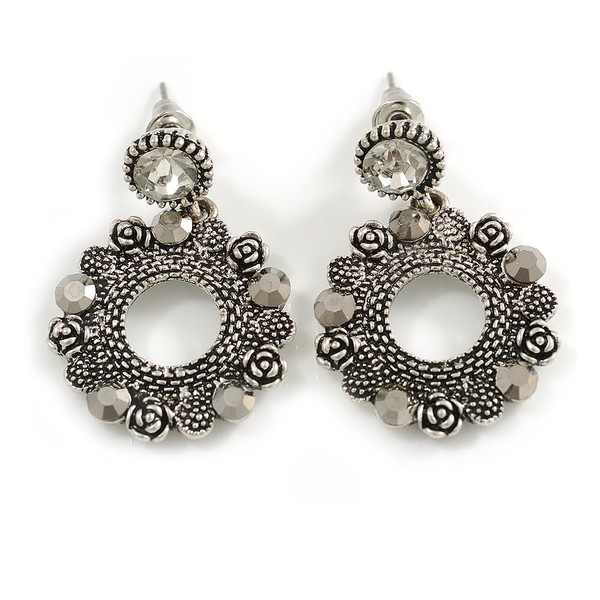 Vintage Inspired Textured Circles with Hematite Crystals Drop Earrings in