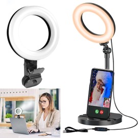 Desk Ring Light with Stand, Amcuke Ring Light with Clip 10W 3000K-6500K Dimmable Travel Desktop Light for Phone Selfie Laptop Zoom Video Makeup Vlog Tiktok Live Streaming