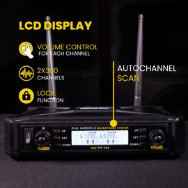 Dual Wireless Microphone System Auto-Scan Long Range Mic Set with Receiver, LCD Display, XLR Output 2x300 CH – Professional Mic for Singing, Karaoke, DJ, Classroom, Speech SKP UHF-600 PRO
