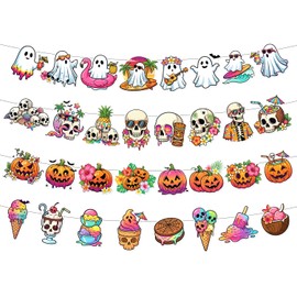 YVAINE Summer Halloween Banner, 4PCS Funny Hawaii Skeleton Novelty Halloween Banner,Spooky Summer Pool Beach Hawaii Halloween Ghost Hanging Garland