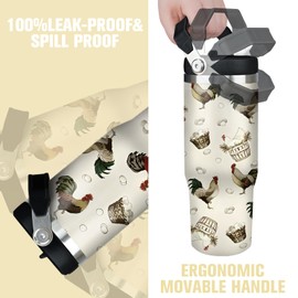 Jizrecly 30 oz Chicken Tumbler With Handle and Straw, 30oz Rooster Flip Straw Tumbler Insulated Coffee Travel Mugs Cup Water Bottle Chicken Gifts for Elephant Lovers Women Girls