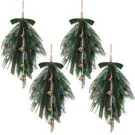Shihanee 4 Pcs Christmas Teardrop Swag Rustic Door Swag Teardrop Wreath Artificial Norfolk Pine Needle Hanging Garland Greenery with Bell Velvet Bow for Outdoor Mantle Fireplace (Green,20 Inch)
