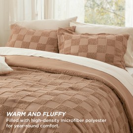 Bedsure California King Size Comforter Set Taupe, Boho Tufted Bed Set, Checkered Farmhouse Shabby Chic Bedding, 3 Pieces, 1 Plaid Geometric Comforter and 2 Pillow Shams