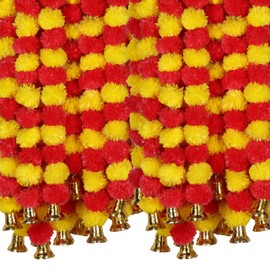 Marubhumi 4.5 Feet Long Strands Artificial Marigold Flowers with Bell Garland for Diwali Decor, Garland for Decoration, Diwali Decorations for Home, Christmas Decor Wedding Decor, Yellow/Red - 5 PCS