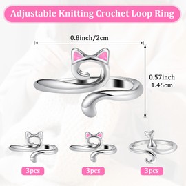9Pcs Crochet Rings for Tension Crochet Tension Ring for Finger Cat Yarn Ring for Crocheting Knitting Crochets Loop Rings Silver Adjustable Knitting Essential Gadgets Tools Accessories Supplies