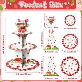 Haooryx Strawberry Cupcake Stand - 3 Tier Berry Sweet Red Plaid Cupcake Tower Cardboard Dessert Holder Pastry Platter for Baby Shower Girls Birthday Spring Summer Holiday Party Table Decoration Supply