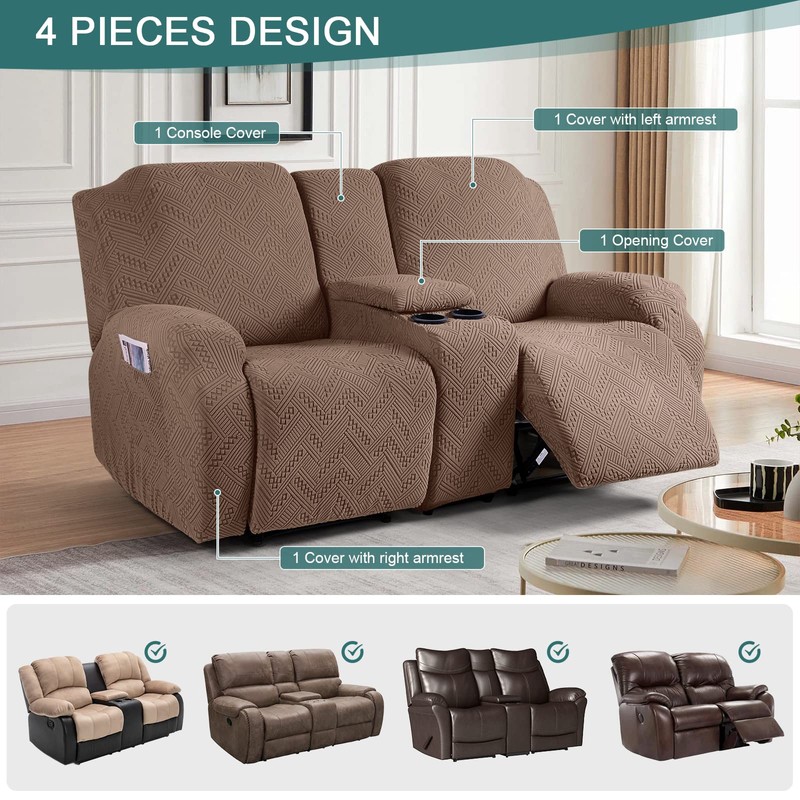 Ruaozz Stretch Loveseat Recliner Covers with Console 4-Pieces Recliner Sofa