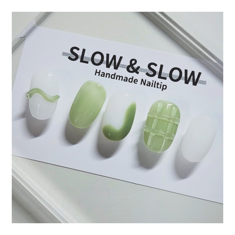[Sl&Slow Nail Tips] Milky White & Green Nails - Square