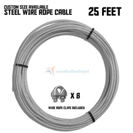 TANG Sunshades Depot Sun Shade Sail Hardware Steel Wire Rope Aircraft Cable for Cable Railing Kit,Deck Stair Railing Hardware DIY Balustrade and 8pcs Clamp 3/16-Inch by 25-Feet