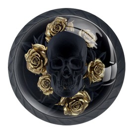Black Skull with Gold Rose 4Pack of Kitchen Cabinet Knobs Pulls Round Dresser Drawer Handle Hardware