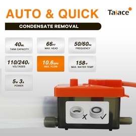 Taiace Condensate Pump for Mini Split HVAC/AC - 66ft Lift, 40L/H Flow, 19dB Ultra Quiet, Auto-Clean Tank & Overflow Alarm (110-240V)
