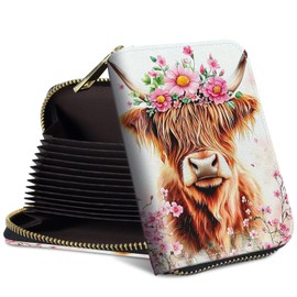 RFID Blocking Credit Card Holder – 12-Slot Leather Wallet,Slim Compact Design (3.1x4.3in),Lightweight & Secure Card Organizer for Women/Men,﻿Cow Pink Flowers