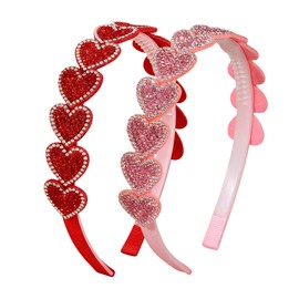 SeBneny 2 PCS Heart Headbands for Women, Valentine's Day Headband, Pink Red Rhinestone Hair band Glitter Love Hairbands, Party Wedding Valentines Non Slip Hair Accessories for Girls