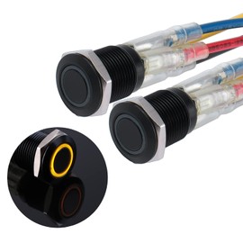JIQI 2 x 12 mm Momentary Pressure Switch 12 V to 24 V 2 A Waterproof Button Switch Made of Metal IP66 1NO Current Black Push Button with LED Light Connection Wires for Motorcycle Boat Truck RV