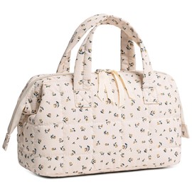 BTOOP Makeup Bag Travel Toiletry Bags for women, Cute Large Make Up Bag Organizer, Wide-open Quilted Cosmetic Bags for Travel Essentials (Beige-flower 92)