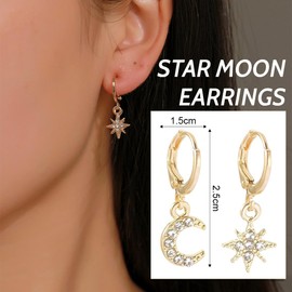 Clyhon Women's Gold Hoop Earrings with Small Zirconia Pendant Moon & Stars Pendant for Women Girls Earrings Gold 10K Gold-Plated Hoop Earrings Set, Metallo