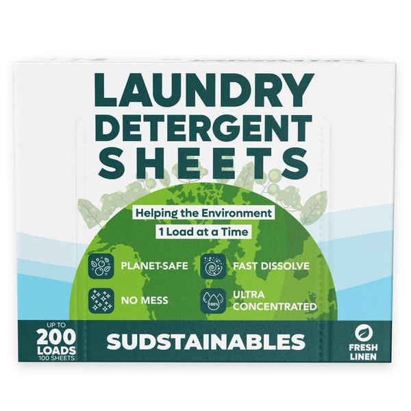 Eco Friendly Laundry Detergent Sheets (100 sheets 200 loads) - Plant based Free and Clear Strips for HE machine, travel, home clothes washing (Fresh Linen)