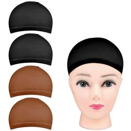 4 Pack Stocking Wig Caps, Reayou Nude Stocking Caps For Wigs, Stretchy Nylon Wig Caps for Women, Girls, Kids (Black+Brown)