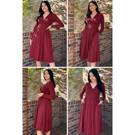 OUGES Summer Dress Women's Short Sleeve V-Neck Knee-Length Floral Pattern Midi Dress with Pockets, Wine 01