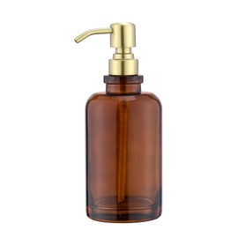 Rzoeox Amber Soap Dispenser Glass Bottle with Brushed Gold Pump, 17 OZ Liquid Soap Dispenser Cylindrical with Stainless Steel Pump for Dish Hand Soap Bathroom Kitchen Vanity Countertop