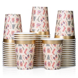 Disposable Paper Coffee Cups, Bulk 50-Pack, Christmas Party Supplies Treat Cups, 12 oz Hot and Cold Cups for Restaurants and Parties, Christmas Items, Gold Foil