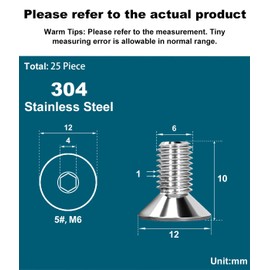 Drenky Pack of 25 M6 x 10 mm Countersunk Screws Stainless Steel V2A VA A2 Countersunk Screws with Hexagon Socket DIN 7991 / ISO 10642 Thread Screws Rustproof Silver Screws Metric Standard Thread
