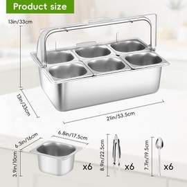 Countertop Food Serving Display Container with Clear Roll Top Cover, Stainless Steel Buffet Food Serving Tray, Condiment Serving Container Dispenser for Restaurant Kitchen Party(6 Compartments)