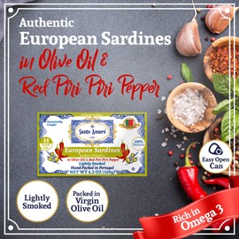 Santo Amaro - Authentic European Sardines in Olive Oil & Red Piri Piri Pepper, Hand-Packed Canned Sardines in Spicy Olive Oil, Wild Caught Portuguese Sardines, Lightly Smoked, 20g Protein, Pack of 3