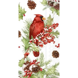 IHR Ideal Home Range Christmas Dinner Napkins Disposable 3-Ply Paper Hand Towels, 8.5" x 4.5", Cardinals In Holly, 16-Count