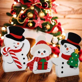 Pack of 3 Wooden Snowman Figurine, Christmas Wooden Block Sign, Christmas Wooden Sign, Christmas Graduated Tray Decorations, Table Decoration for Holiday Party