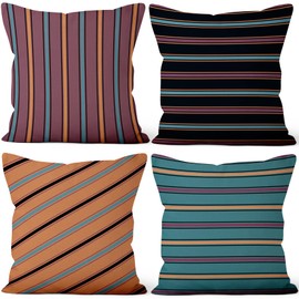 Aoihrraan 46 x 46 cm, Set of 4 Decorative Cushion Covers, Dark Colour, Modern Striped Texture, Square Decorative Cushion Made of Linen, Home Decor, Bed, Living Room, Outdoor, Balcony, Patio, Sofa,