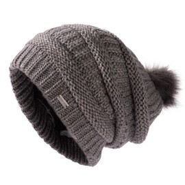 TOP-EX 100% Merino Wool Knit Slouchy Beanie Hats for Women with Faux Fur Pom Bobble - Satin Lined Warm Winter Wool Hats for Ladies Ski Outdoor Cold Weather Grey