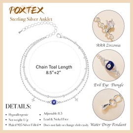 Poxtex Silver Ankle Bracelets for Women, 925 Sliver Plated Anklets for Women Waterproof, Evil Eye & Zircon Gemstone Dangle Layered Anklets, Multilayer Anklets for Women, Jewelry Gifts for Women