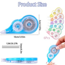 XcnPer Correction Tapes 6 Pcs 12m x 5mm Quiet Roll-On White-Out Tape for School & Office, 4 Colour Options with Transparent Film (PS & Plastic)