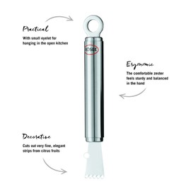 RÖSLE Fadenschneider, Hochwertiger Zestenreißer für feine Schalenstreifen, Zitrusfrüchte, Dekoration, Edelstahl 18/10, Spülmaschinengeeignet, 15.5 x 1.9 x 1.9 cm, Silber