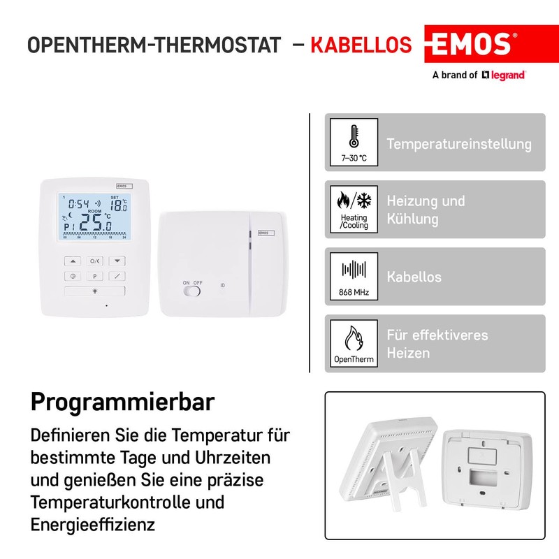 EMOS OpenTherm Wireless Room Thermostat, Programmable Digital Temperature Controller for