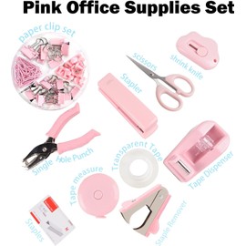 ChezMax Pink Desk Accessory Kit Includes Stapler with Staples Staple Remover Tape Dispenser Transparent Tape Scissors Push Pins Paper Clips Binder Clips Single Hole Punch Telescopic Knife Tape Measure