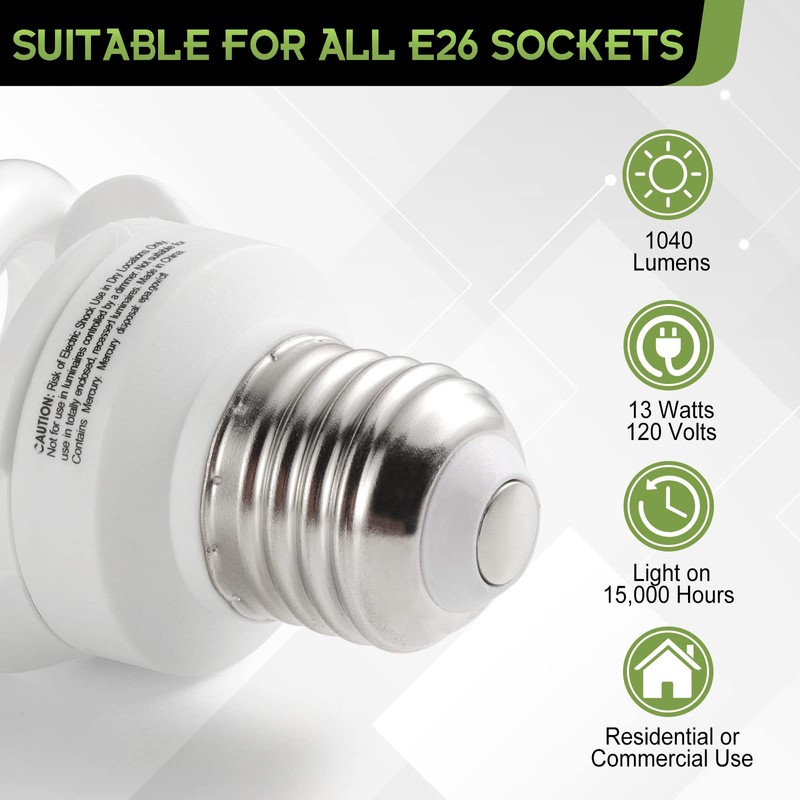 UNITEDLUX E26 Spiral CFL Light Bulbs Medium Base 13Watt (60Watt