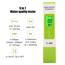 C-100 5 in 1 Salinity TDS EC Seawater Tester, Digital Water Tester Multifunction Water Quality Tester with Backlight for Drinking Water Test/Coffee/Swimming Pool/Aquarium