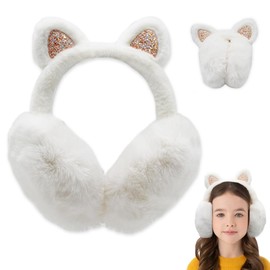 Udbrud Winter Ear Warmers, Plush Earmuffs Children Plush Earmuffs with Cute Cat Ears Foldable Warm Winter Earmuffs Girls Boys Suitable for Daily Use, White