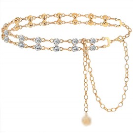 CCAIPU Chain Belt for Women, Alloy Adjustable Gold Metal Link Belt Retro Rhinestone Waist Chain Belt for Wedding Party Jeans Dress, A-gold