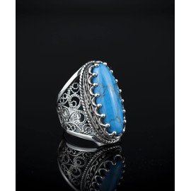Filigranist 925 Sterling Silver Handcrafted Filigree Art Turquoise Gemstone Women Oval Boho Statement Ring with Gemstones (12.5, Turquoise)