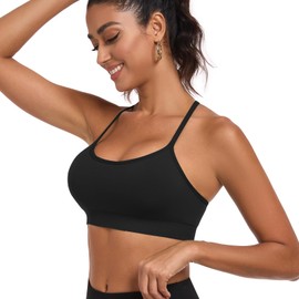 ANGOOL Sports Bras Women Y Back Wireless Removable Pads Bra Lightweight Racerback Spaghetti Straps Top for Yoga Gym Workout, Black, S