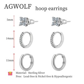 AGWOLF Silver Earrings Set for Women, Dainty Huggie Hoop Earrings Trendy Silver Diamond Earrings Silver Hypoallergenic Cartilage Cubic Zirconia Earrings Lightweight Small Sterling Silver Hoop Earrings Jewelry for Women ﻿