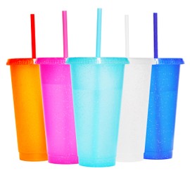 Suertestarry 24oz Tumblers with Lids and Straws bulk,Water Bottle Iced Coffee Travel Cup Cold Drink Cup Smoothie Cup,Reusable Plastic Cups,Perfect for Parties,Birthdays,5 Pack (Bright Glitter)