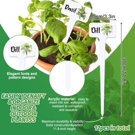 FYSUIMU 12Pcs Acrylic Plant Label Signs 12 Styles 11.8 x 3.3 Inch T-Type Herb Garden Markers Waterproof Large Plant Stake Tags with Herb Names for Nursery Indoor Outdoor Garden Decor